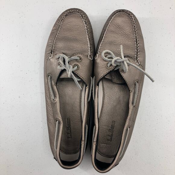 L.L. Bean Silver Gray Metallic Leather Slip On Lace Up 2 Eye Boat Shoe Loafer - Picture 4 of 11